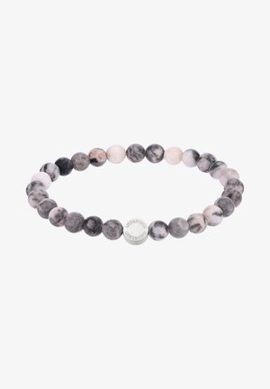 Bracelet extensible à perles avec pierres rondes marbrées grises et blanches et une petite perle métallique argentée gravée de "LIEBESKIND."
