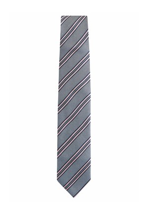 Cravate rayée en bleu marine et rose pâle. Tissu texturé avec des rayures diagonales. Largeur étroite, pointe effilée, présentant un motif de pois subtil.