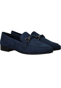 Navy blue suede loafers with a smooth texture, metal hardware accent, and a low profile. Features stitching detail along the upper.