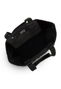 Borsa a spalla nera in tessuto con due manici, dotata di tasca con zip, texture liscia e un ampio interno con etichetta del brand visibile.
