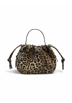 Petit sac à main avec haut froncé, motif léopard, anse fine unique et cordons de serrage des deux côtés, présenté sur fond blanc.