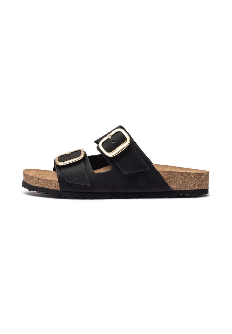 Le ciabatte in suede nero presentano due cinturini regolabili con fibbie dorate, un plantare in sughero e una suola in gomma nera texture.
