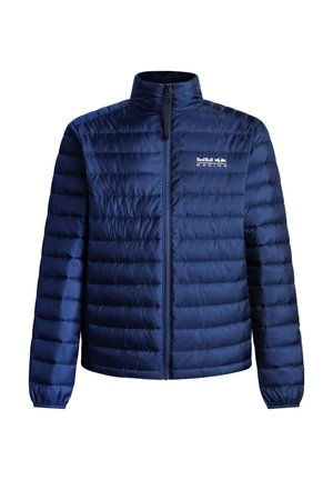 Doudoune navy avec un col haut, des surpiqûres horizontales, une fermeture à glissière sur le devant et un petit logo sur la poitrine gauche. Tissu texturé.