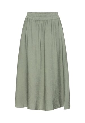 Zelena midi suknja izrađena od teksturiranog materijala. Ima elastičnu struk i opuštenu siluetu s lepršavim dizajnom. Bez uzoraka ili akcenata.