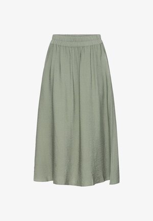 Zielona midi spódnica wykonana z fakturowanej tkaniny. Posiada elastyczny pas i luźny krój z płynny designem. Brak wzorów lub akcentów.