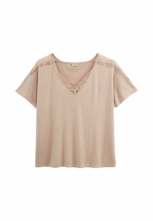 Blouse à manches courtes beige clair avec col en V et détails en dentelle sur le col et les épaules, confectionnée dans un tissu doux et léger.