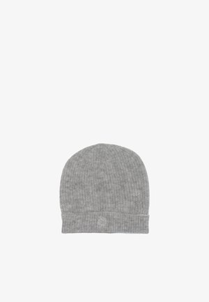 Cappello beanie grigio a maglia con texture a costine e orlo piegato. Presenta un piccolo logo sul davanti.