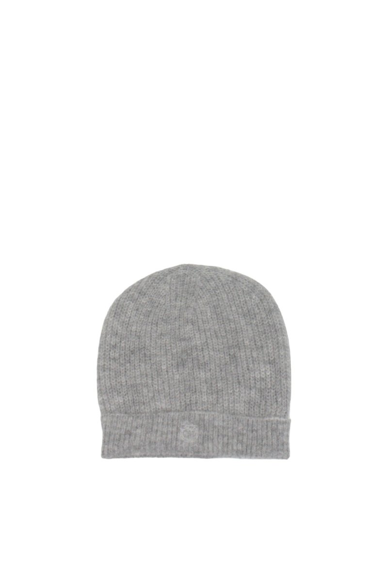 Cappello beanie grigio a maglia con texture a costine e orlo piegato. Presenta un piccolo logo sul davanti.