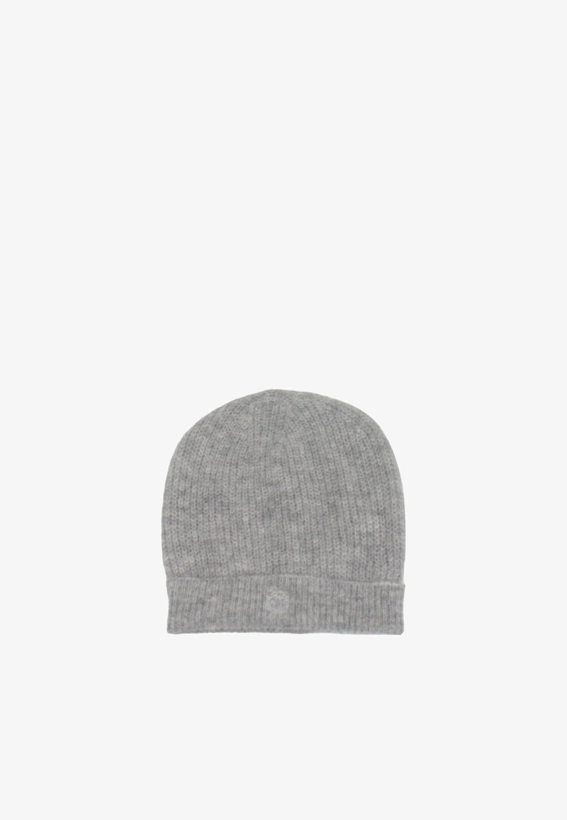 Cappello beanie grigio a maglia con texture a costine e orlo piegato. Presenta un piccolo logo sul davanti.