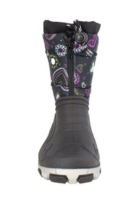 Zwarte waterdichte laars met een bovenwerk van geborduurd textiel, versierd met kleurrijke harten en bloemen, afgewerkt met een rubberen zool en ritsluiting.