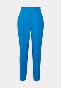 Pantaloni su misura blu brillante con fronte piatto, vita alta e una piega che corre lungo le gambe. Tessuto dalla superficie liscia.