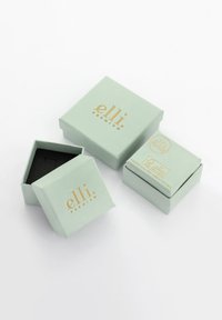Mintgrønne kvadratiske kasser med guldfarvet "elli" branding; en åben, der afslører et sort indre. Designet er minimalistisk og har teksturerede overflader.