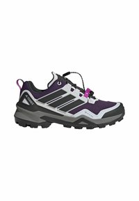 Lila und schwarze Trail-Schuh mit texturiertem Obermaterial, grauen Akzenten, verstärkter Zehenpartie und einem schnellen Schnürsystem für einen sicheren Sitz und Unterstützung.