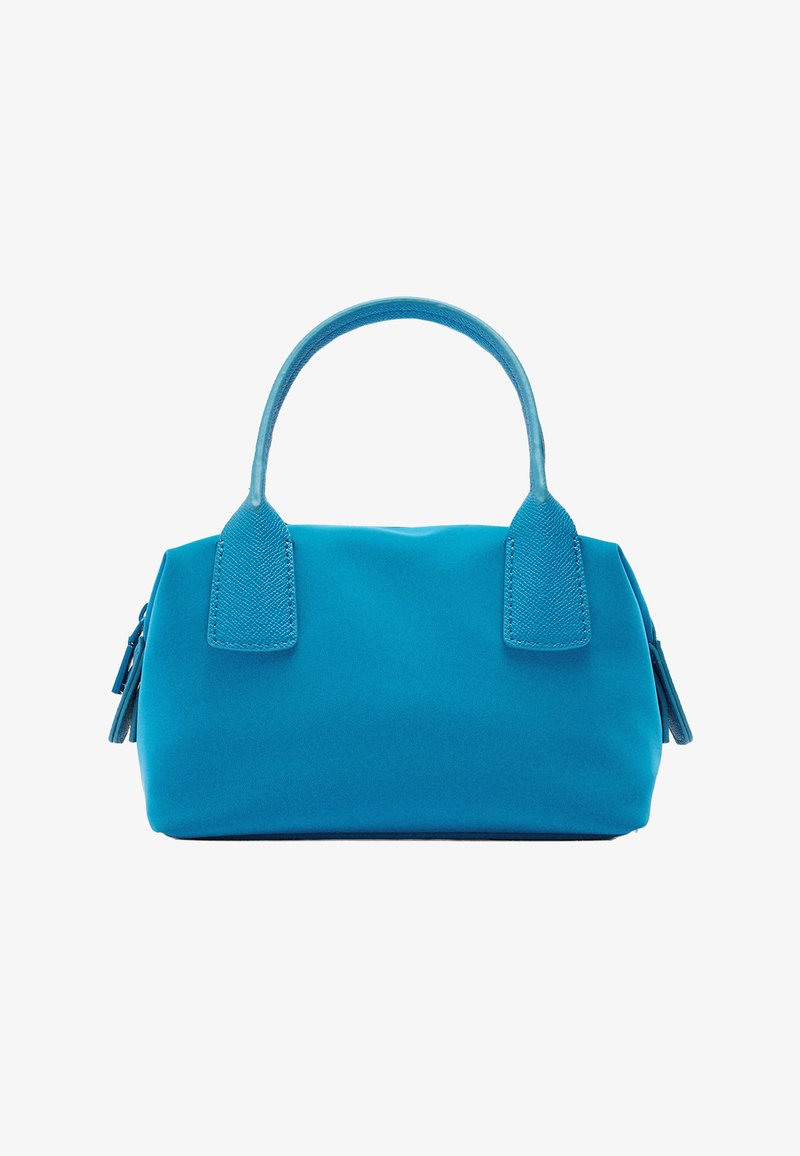 Turkusowa torebka o zaokrąglonym kształcie, gładkim materiale, dwóch solidnych uchwytach oraz teksturowanych akcentach u podstawy uchwytów. Boki na zamek błyskawiczny.