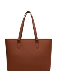 Borsa tote in pelle marrone con due manici lunghi e design semplice e liscio, adatta per essere portata a mano o a spalla.