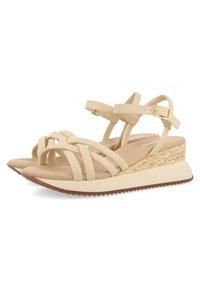 Beige wedge sandals featuring strappy design, textured synthetic upper, braided jute midsole, and rubber outsole with traction.