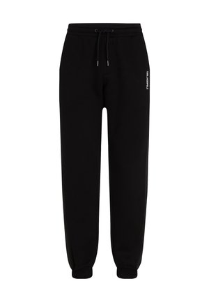 Zwarte trainingsbroek met een tailleband met trekkoord, taps toelopende manchetten en een wit logo aan de zijkant. Gemaakt van zachte, lichte stof.