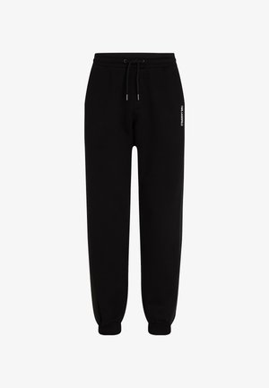 Pantaloni de trening negri cu talie elastică și șnur, cu manșete conice și un logo alb pe lateral. Confectionați dintr-un material moale și ușor.