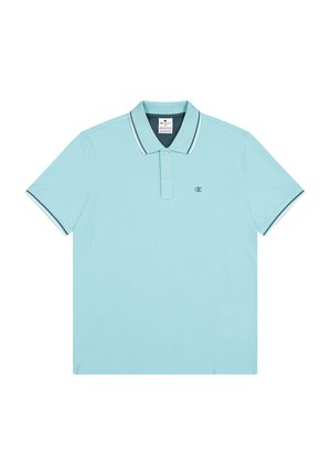 Jasnoniebieska koszulka polo z krótkimi rękawami, kołnierzykiem i zapięciem na dwa guziki. Posiada kontrastowe białe paski na kołnierzyku i rękawach.
