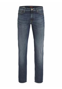 Pantalones vaqueros de mezclilla azul oscuro con un diseño de pierna recta, que cuentan con costuras amarillas, cinco bolsillos y un cierre de botón metálico.