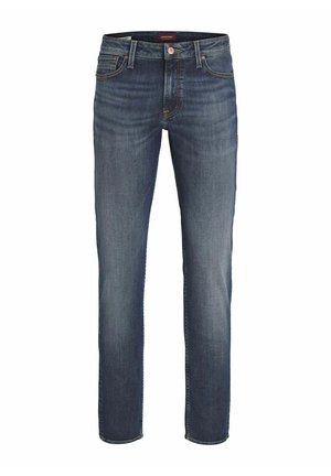 Donkerblauwe denim jeans met een rechte pijp, voorzien van gele stiksels, vijf zakken en een metalen knoopsluiting.