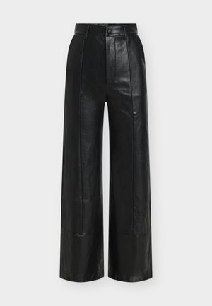 Black wide-leg trousers made of smooth leather, featuring a high waist, subtle pleats, and a classic button and zip closure.