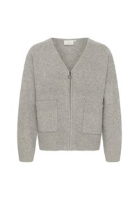 Cardigan grigio in lana con scollo a V, chiusura con zip e due tasche frontali. Polsini e orlo a coste aggiungono texture al materiale morbido.