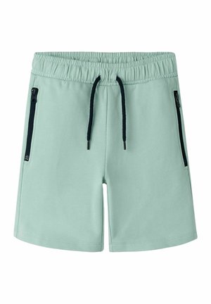 Lysegrønne shorts med elastisk talje, sort snøre og sorte sidelommer med lynlås, lagt fladt på hvid baggrund.