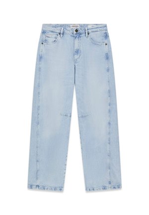 Φαρδιά, ελαφρώς μπλε τζιν παντελόνια με μπροστινές και πίσω τσέπες, θηλιές για ζώνη και κούμπωμα με κουμπί.