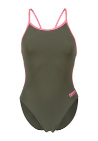 Kostium kąpielowy w kolorze oliwkowej zieleni z różowymi akcentami, z cienkimi ramiączkami i wycięciem w kształcie litery U, wykonany z gładkiego, elastycznego materiału.