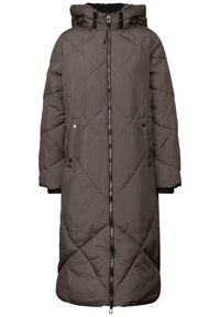 Dlouhá hnědá péřová bunda se stehovaným designem, kapucí, zipem vpředu a bočními kapsami. Měkká, polstrovaná struktura s elastickými manžetami.