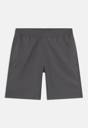 Shorts de sport gris foncé avec une taille élastique, présentant une texture lisse et des poches latérales, conçus pour le confort et la mobilité.