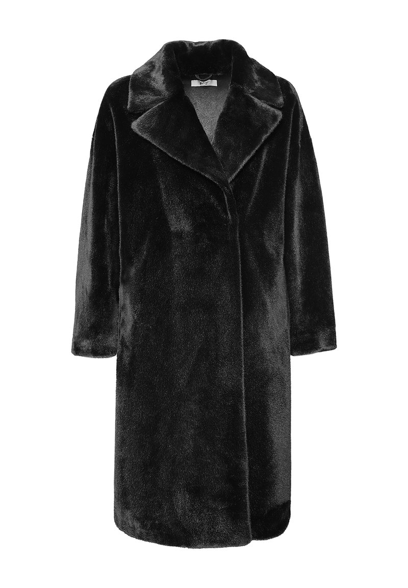 Svart fuskpälsjacka med notch-krage, långa ärmar och rak skärning. Mjuk textur och knälängd. Inga synliga knäppningar.