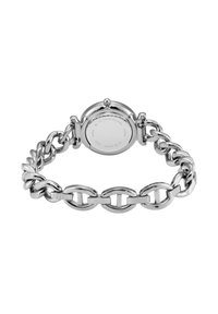 Montre en acier inoxydable argenté avec un grand boîtier rond et un bracelet à maillons robustes. Le dos présente le logo de la marque et des détails sur la résistance à l'eau.