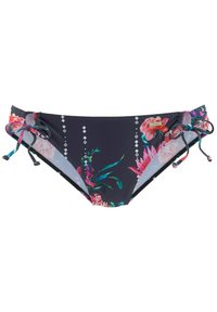 Bas de bikini noir avec imprimé floral coloré et motifs en losange. Présente des liens sur les côtés et une texture qui suggère un tissu de maillot de bain extensible.