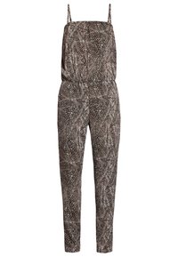 Jumpsuit con stampa animale marrone e crema, con spalline sottili, vestibilità comoda e gambe affusolate. Presenta una vita arricciata per una silhouette definita.