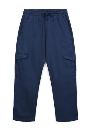 Pantaloni cargo blu navy con vita elastica, cordino e due tasche laterali. Realizzati in tessuto liscio, con una vestibilità rilassata.