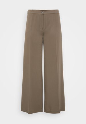 Breddebenede bukser i en ensfarvet brun stof, med knaplukning, glat for og blød tekstur, designet til en afslappet pasform.