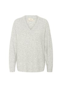 Světle šedý svetr vyrobený z měkké, strukturované tkaniny. Má hluboký výstřih do V a dlouhé rukávy. Jednoduchý design bez vzorů nebo ozdob.