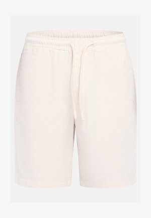 Ανδρικές κοντές βερμούδες από εκρού υφή ύφασμα, με ελαστική μέση και κορδόνι, μήκος έως τη μέση του μηρού.