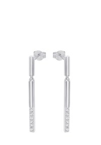 Pendientes de gota de plata que presentan una forma de barra elegante con una sección brillante de piedras a lo largo de un lado. Superficie pulida con un diseño minimalista.