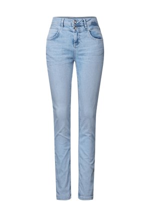 Lyst blå denimjeans med slim fit, der har høj talje, to forlommer og knaplukning. Glat tekstur med subtil blegning.