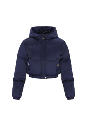 Navy skraćena zimska jakna s kapuljačom, prednjim patentnim zatvaračem, nastavljivim dugmadima, elastičnim rukavima i bočnim džepovima u tkanom dizajnu.