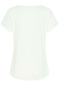 T-shirt blanc à manches courtes avec un col rond et un ourlet arrondi. Texture douce et lisse ; design simple et sans embellissement.