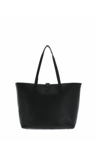 Černá kožená taška přes rameno s dvěma uchy, minimalistickým designem a hladkou texturou. Má bezpečné horní zavírání pro snadný přístup.