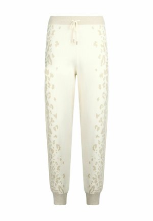 Pantaloni da tuta crema con dettagli in stampa leopardata beige, cintura elastica con cordino, polsini a costine, texture morbida, design a gamba affusolata.