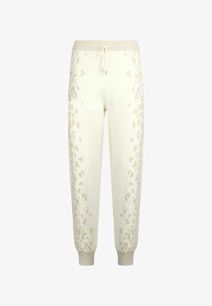 Cremefarbene Sweatpants mit Leopardenmuster-Akzenten in Beige, elastischer Bund mit Kordelzug, gerippte Bündchen, weicher Stoff, taillierte Beinform.