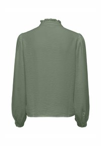 Green textured blouse with long sleeves, a ruffled collar, and buttoned cuffs. Back view shows a relaxed fit and subtle wrinkled finish.