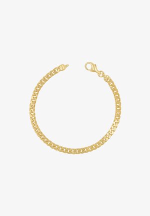 Bracciale in oro con maglie intrecciate, superficie liscia e chiusura a gancio. Design semplice con una finitura lucida.