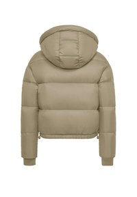 Giacca imbottita beige con cappuccio, dal design corto e con polsini a costine. Cuciture verticali lungo il retro aggiungono texture e struttura.
